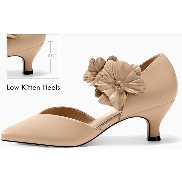 Women's Low Kitten Heels Dressy Shoes Closed Toe Flower Slip-On Party Pumps - Picture 3 of 5
